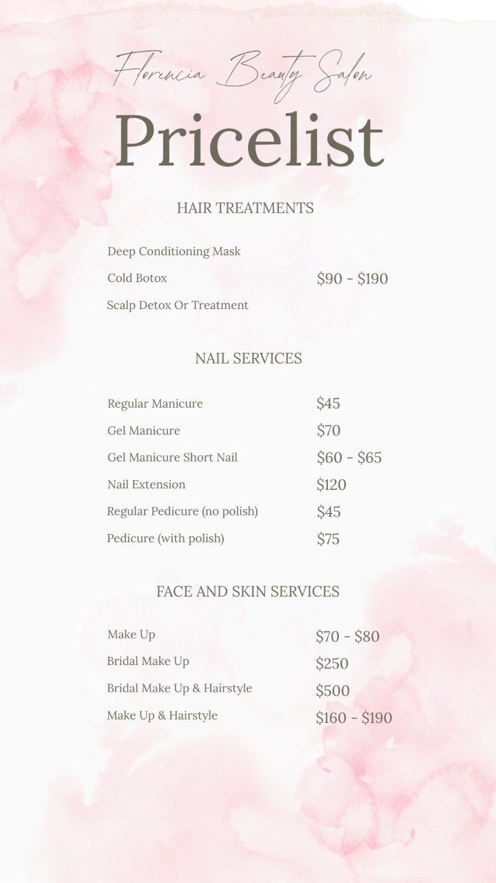 Florencia Beauty Salon pricing for nail services, facials, and skincare treatments